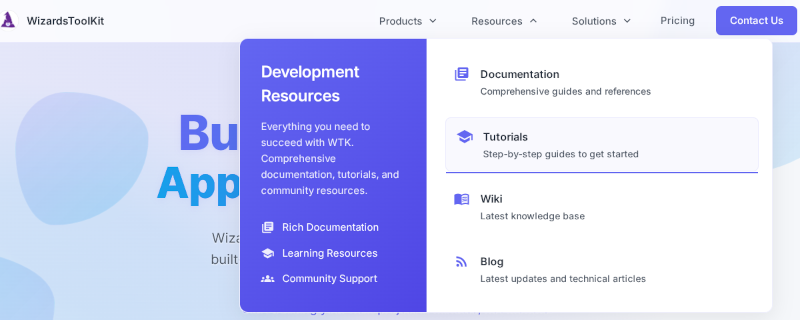 Wizards ToolKit Resources Tutorial Menu Wizards ToolKit Resources Tutorial Menu